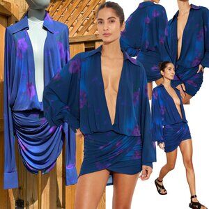 🆕 RAT & BOA 🧿 NWOT Volana Blue and Purple Floral Printed Cowl Neck Mini, Sz M